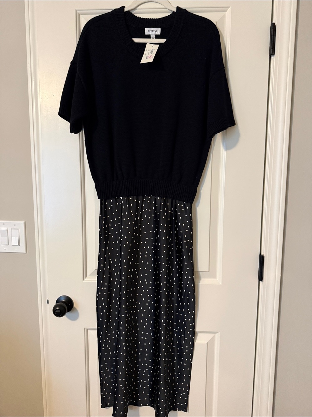 Evereve Black Knit Top Maxi Dress with White Polka Dot Skirt